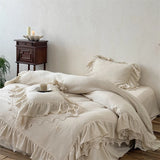 Yeknu 20% Linen And 80% Cotton Double Layer Lace Ruffles Vintage French Bedding Set Duvet Cover Flat/Fitted Bed Sheet Pillowcases 4Pcs