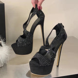 Yeknu  Diamond Peep Toe Sandals Woman Stiletto High Heels Zipper Shoes Sexy Nightclub Striptease Pumps