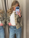 Yeknu  Autumn Winter Chic Leopard Print Crop Jacket Women Modern O-neck Single Breasted Full Sleeve Coat Female Outwears New