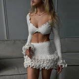 Yeknu  Women's Sexy Mini Skirt Two-piece Set Strappy Cardigan Top Ruffle Layered Mini Skirt White