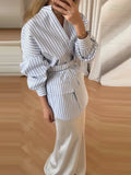 Yeknu  Casual Striped Women's Shirt Single-Breasted Long Sleeve Stand Collar Pocket Lace Up Lady Blouse Summer Autumn Female Tops