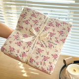 Yeknu Ins floral print Bedding set knitted cotton Flat sheet set Four pieces duvet cover double layer-yarn 4Pcs lovely Fitted sheet