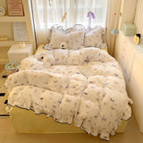 Yeknu  new cream lace girl powder grid Korean version bed four-piece set washed cotton double-layer yarn quilt cover dormitory