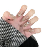 Yeknu  10pcs Handmade Press On Nails Nude Pink Cat Eye With Polka Dots&Rhinestones Short Square False Nails Reusable for Women&Girl