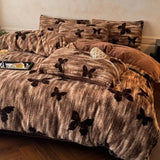 Yeknu  Thickened imitation rabbit hair carved milk fleece four-piece set winter coffee color warm fleece quilt set