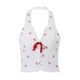 Yeknu  Sleeveless Printed Halterneck V-neck Crop Top Backless Cherry Print Bow Slim Fit Crop Top