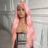 Yeknu  Light Pink Wig Long Wavy Synthetic Lace Front Wig Glueless Natural Body Wave Pink Colored Hair Lace Frontal Wigs for Women Party