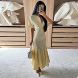 Yeknu  Elegant Pleated Women's Long Dress V-Neck Short Sleeve Waist-Closed Lady Dresses Summer Autumn Female Vacation Robe New