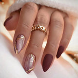 Yeknu 24Pcs Mid-length False Nails with Almond Head Design Brown Gold Lines Fake Nails Oval Wearable French Press on Nail Tips