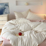 Yeknu  Ins Dopamine Korean Striped Washed Cotton Four-piece Bedding Set Cream Style Bed Sheet Quilt Cover Three-piece Set