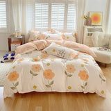 Yeknu  Cute Pink Strawberry Duvet Cover Flat Sheet Pillowcase Floral Bedding Set Girls Bed Linen Soft Thick Washed Cotton Bedclothes