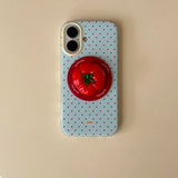 Yeknu 3D Polka Dot Cute Tomato Magnetic Grip Tok Phone Stand Holder Phone Case for IPhone 16 15 14 13 Pro Max Funny Magsafe Back Cover