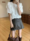 Yeknu  Spring Pullover Long Sleeve Tops Women Loose Pleated Fashion Ladies Cropped Blouses Ruffled Lace Mesh Hollow Woman Tops