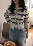 Yeknu  Knitted Autumn Cardigan Women Slim Fashion Striped Print Ladies Cropped Cardigans Korean Style Woman Sweater Coats