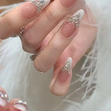 Yeknu  10Pcs Handmade Press On Nails Nude Pink French Tip with V-Shaped Medium Almond False Nails with Sparkling Crystal Fake Nail