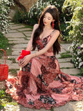 Yeknu  Holiday Seaside Lace Retro Floral Printed Dress Summer Sleeveless Backless Beach Suspender Dresses Women Casual Long Dress