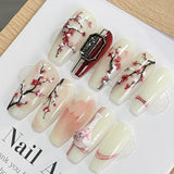 Yeknu  10PCS handmade coffin shaped nail art, beautiful fake nails, Chinese style wintersweet art nail art, suitable for women to use