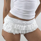 Yeknu  Y2k Cutest Ruffles Mesh Layers Bloomers Frilly Pants Fairy Tiered Lace Micro Shorts Bow Waistband Booty Shorts Women Streetwear