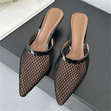 Yeknu  Summer Fashion Hollow Out Mesh Women Slippers Sandals Pointed Toe Thin Low Heels Slingback Mules Shoes
