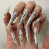 Yeknu  24pcs Long Pointed Gradient Pink False Nails y2k Sliver Flame Printed Wearable Press On Nails Full Finished Acrylic Nail Tips