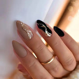 Yeknu 24Pcs Mid-length False Nails with Almond Head Design Brown Gold Lines Fake Nails Oval Wearable French Press on Nail Tips