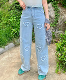 Yeknu  Jeans Spring Pant Women Love Embroidery Fringe Fashion Ladies Trousers Korean Style Loose Pleated Wide Leg Woman Long Pants