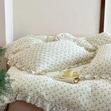 Yeknu INS Princess Ruffle Edge Gauze 100% Cotton Pillow Case Breathable Duvet Cover Without Filler 3PCS Floral Home Bedding Set