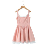 Yeknu  New Pink Splicing White Cute Short Dress Summer Sleeveless Lace-up Waist Princess Puffy Dress Women's Clothing