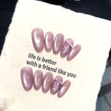 Yeknu  10pcs Handmade Oval Shaped Press on Nails Pink Purple Cat Eye Fake Nail Tips Wearable Reusable 3D Bow Design Korean False Nails