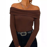 Yeknu  Women Clothing Sexy Off-shoulder Slim-fitting Long-sleeved T-shirts Autumu Winter Europe America Solid Off Shoulder Top Tees