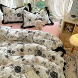 Yeknu  New French Lace Wash Quilt Cover Korean-style Romantic Herben-style Black Print Four-piece Set Skin Friendly Bedding Set