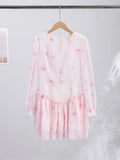 Elegant Printed Women's Dress Long Puffed Sleeve O-Neck Waist-Closed Lady Mini Dresses 2026 Summer Autumn Female Robe New