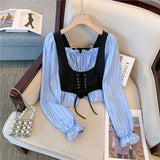 Yeknu  Women's Blue Striped Shirts and Blouses Y2k Vintage Harajuku Aesthetic 2000s Oversize Long Sleeve Shirt Outfits Fashion Clothes