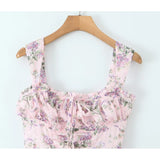 Yeknu  Jastie French Style Floral Print Sleeveless Mini Dresses Women Square Neck Low Waist A-line Slim Summer Dress Holiday Robe