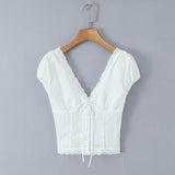 Yeknu  Positioned Lace V-neck White Shirt Top Short Sleeve Summer Chic Chest Tie Slim Women Crop Top Backless Sexy Shirt Blouse