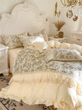 Yeknu  Romantic French Country Style Bedding Set - 100% Cotton Floral Print, Lace Embroidered Duvet Cover with Detachable Skirt