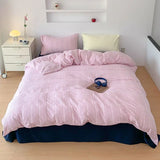 Yeknu  Ins Dopamine Korean Striped Washed Cotton Four-piece Bedding Set Cream Style Bed Sheet Quilt Cover Three-piece Set