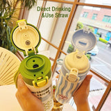 Yeknu  460ml Cartoon Stainless Steel 316 Vacuum Flask With Straw Leak-Proof Double Drink Kids Student Water Bottle Travel Tumbler