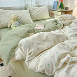 Yeknu  Floral Printed A-Class Ultra-Soft 100% Knitted Double Layer Yarn Bedding Set - 3/4 Pcs Student Dorm Fitted Sheet