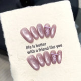 Yeknu  10pcs Handmade Oval Shaped Press on Nails Pink Purple Cat Eye Fake Nail Tips Wearable Reusable 3D Bow Design Korean False Nails