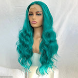 Yeknu  Long Green Body Wave Lace Front Wigs for Women Middle Part Blue Curly Wavy Syntehtic 13X4 Glueless Pre Plucked Cosplay Party Use