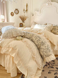 Yeknu  Romantic French Country Style Bedding Set - 100% Cotton Floral Print, Lace Embroidered Duvet Cover with Detachable Skirt