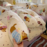 Yeknu Ins Bedding Set Purple Love Stripe Double Layer Yarn Four Piece Dormitory Girl Heart Bed Sheet And Quilt Set Washed Cotton