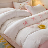 Yeknu  3 Piece Sheet Set  pink bowknot embroidery duvet cover Set ， comfortable Bedding Set Bedspread for All Season