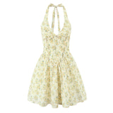 Yeknu  Jastie Yellow Floral Print Halter Mini Dresses Women Elegant A-line Summer Backless Dress Holiday Robe Short Vestidos