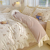 Yeknu  4pcs  Korean lace Duvet Cover Set (1*Duvet Cover + 2*Pillowcase, bed sheet), Pink checkered print Bedding Set