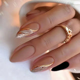 Yeknu 24Pcs Mid-length False Nails with Almond Head Design Brown Gold Lines Fake Nails Oval Wearable French Press on Nail Tips