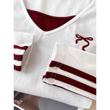 Yeknu  Spring Autumn Fake Two Pieces V-neck Long Sleeve T-shirt Women Clothing Casual Loose Chic Patchwork Top Tee All-match Pullovers
