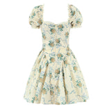 Yeknu  Fashion Elegant Square Neck Puff Sleeve Women's Dress Cotton Rose Printed Mini Dresses Boho Casual Beach Party Dress