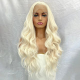 Yeknu  Long Blonde Body Wave Lace Front Wigs for Women Free Part 13X4 Glueless Platinum Blonde Curly Wavy Synthetic Cosplay Party Daily